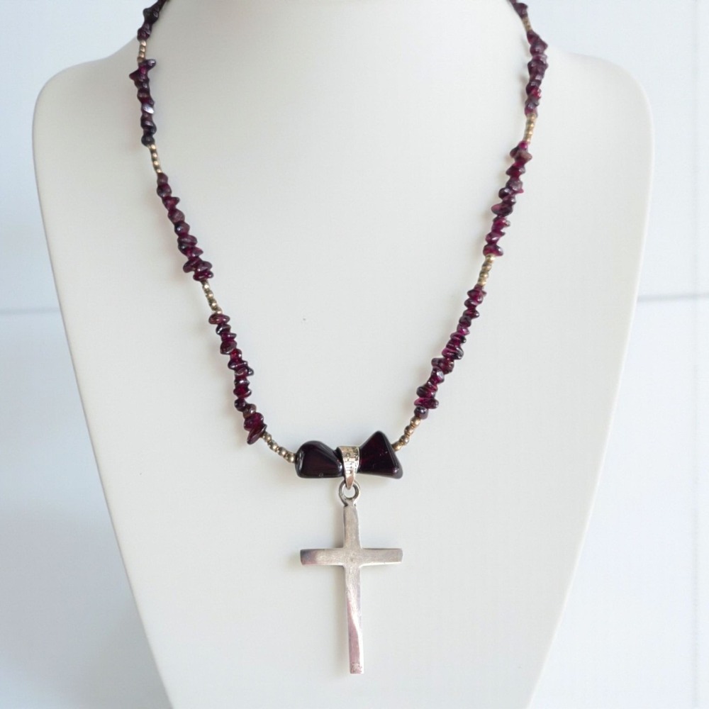 Taxco 925 Rhodolite Garnet Bead Necklace Sterling Cross Pendant Vtg Religious - Picture 2 of 15